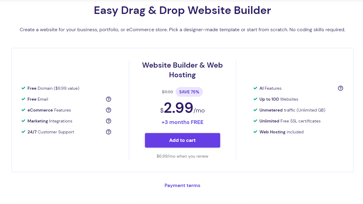 Hostinger website builder and web hosting package