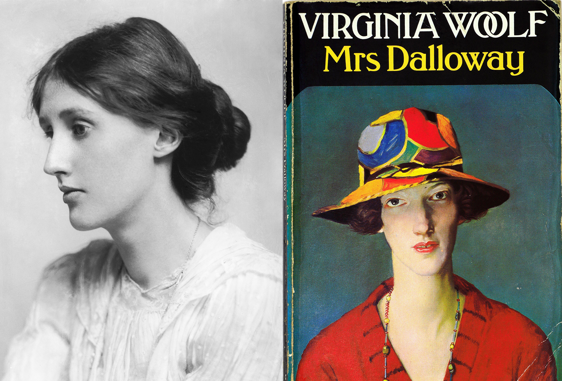 A photo of a young Virginia Woolf next to a photo of the book Mrs Dalloway