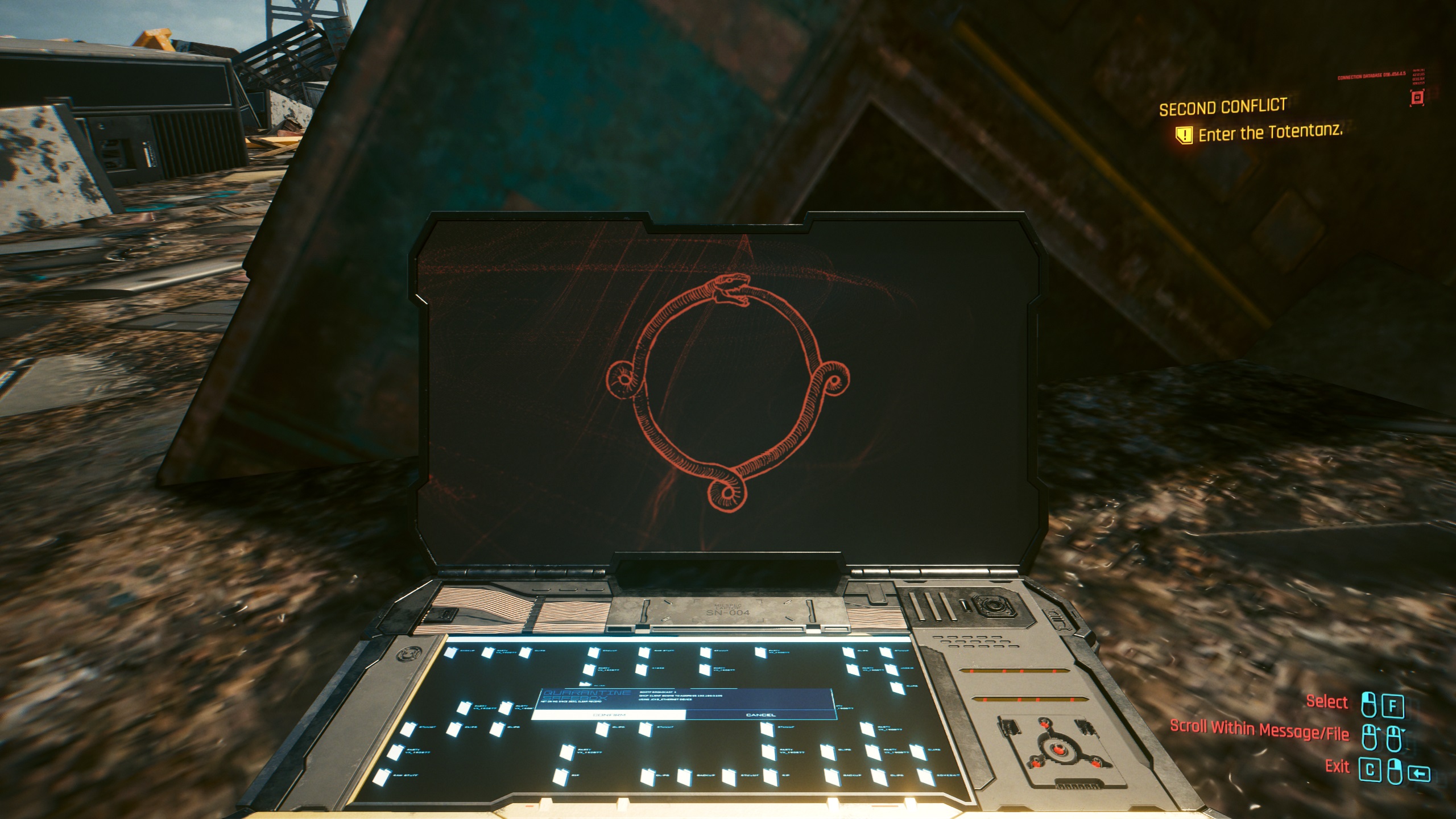 Cyberpunk 2.0 laptop with ancient Slavic symbols and ouroboros background