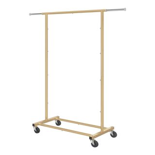 A basic gold metallic clothing rack with four black wheels