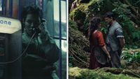 On the left, a still from One Battle After Another.A woman with short, black hair holds a phone in her hand in a phone booth. On the right, a still from Hamnet. The two lead characters, Will and Agnes, stand looking at each other in a rich, green forest.