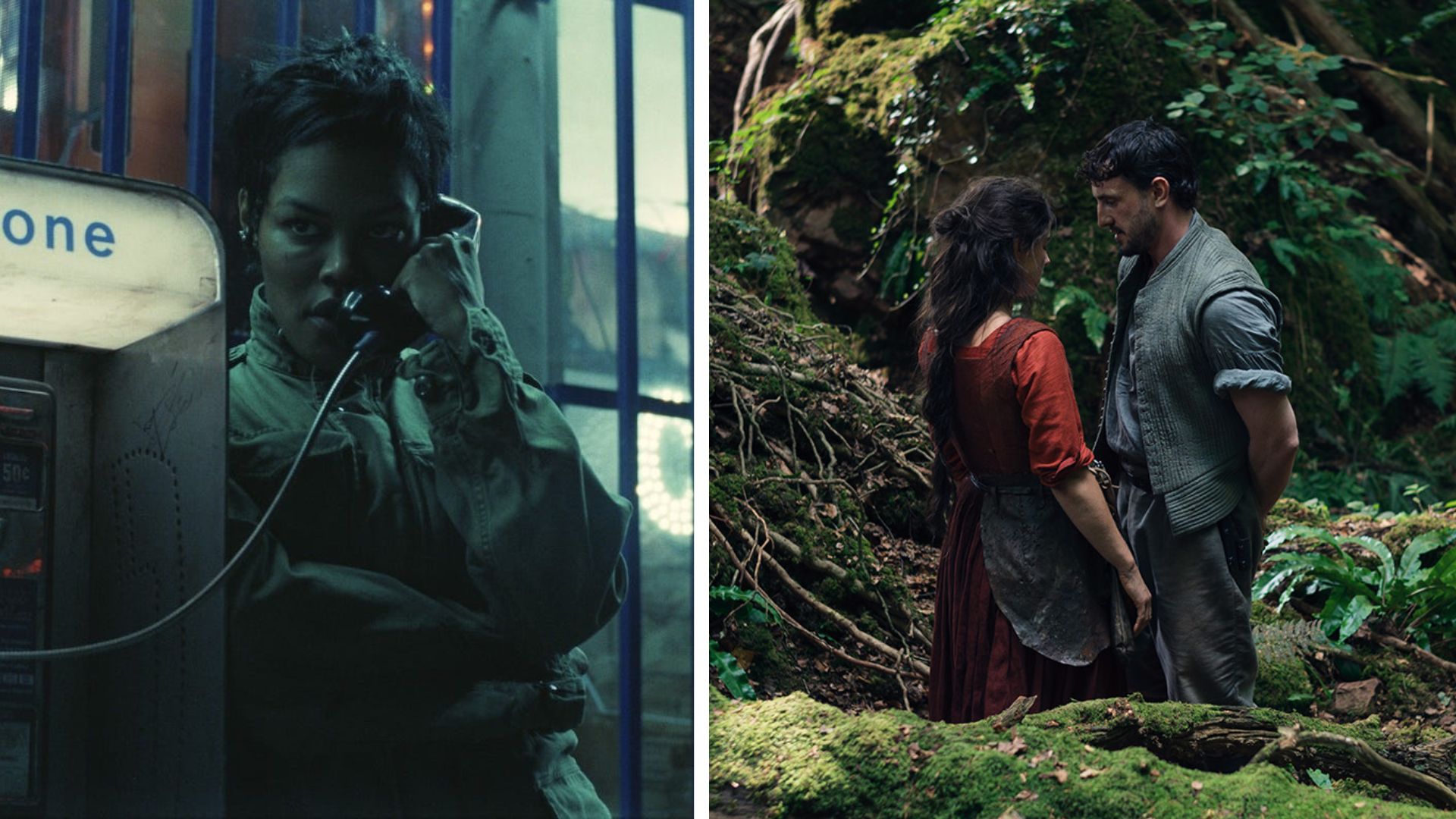 On the left, a still from One Battle After Another.A woman with short, black hair holds a phone in her hand in a phone booth. On the right, a still from Hamnet. The two lead characters, Will and Agnes, stand looking at each other in a rich, green forest.