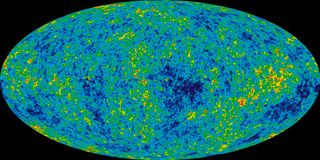 A map of the cosmic microwave background (CMB) from the WMAP mission, with color differences showing fluctuations in temperature. Scientists use the CMB to try to measure the expansion rate of the universe.