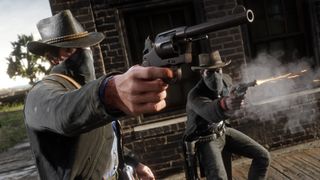 Red Dead Redemption 2 cheats - Two masked gunmen fire their pistols