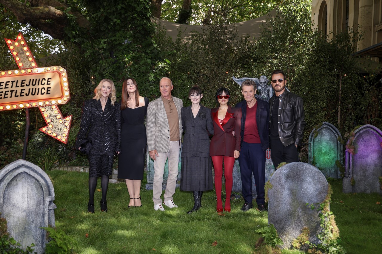 Catherine O'Hara, Monica Bellucci, Michael Keaton, Winona Ryder, Jenna Ortega, Willem Dafoe and Justin Theroux attend the photocall for "Beetlejuice Beetlejuice" at One Marylebone on August 30, 2024 in London, England.