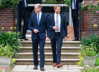 Prince William, Duke of Cambridge and Prince Harry, Duke of Sussex arrive for the unveiling of a statue of their mother, Princess Diana