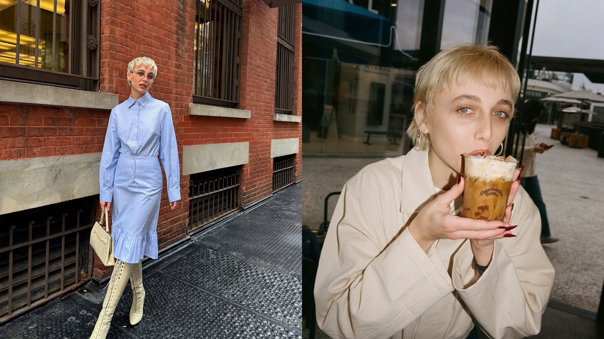 emma wears a blue set with long white boots