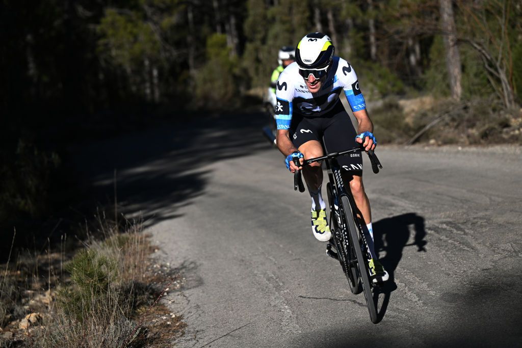 PORTELL DE MORELLA SPAIN FEBRUARY 08 Pablo Castrillo of Spain and Movistar Team competes in the breakaway during the 76th Volta a la Comunitat Valenciana 2025 Stage 4 a 181km stage from Oropesa del Mar to Portell de Morella 1078m on February 08 2025 in Portell de Morella Spain Photo by Szymon GruchalskiGetty Images