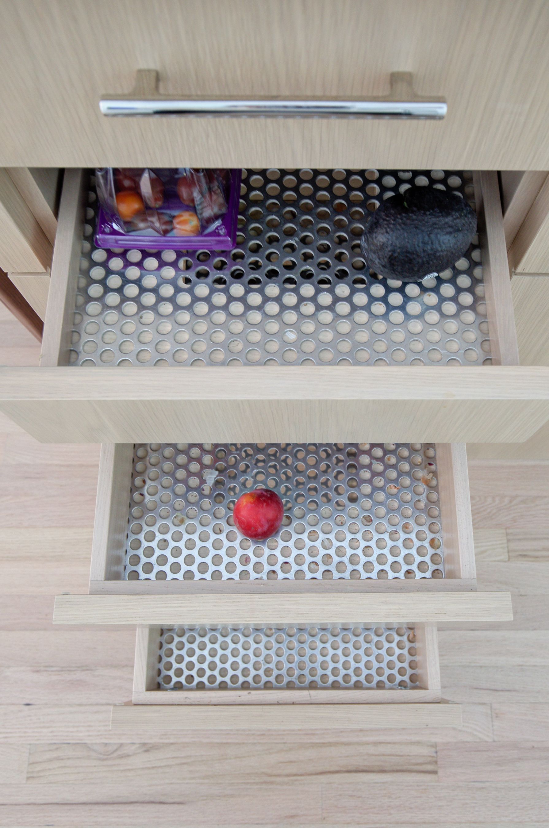 ventilated produce drawers in a kitchen