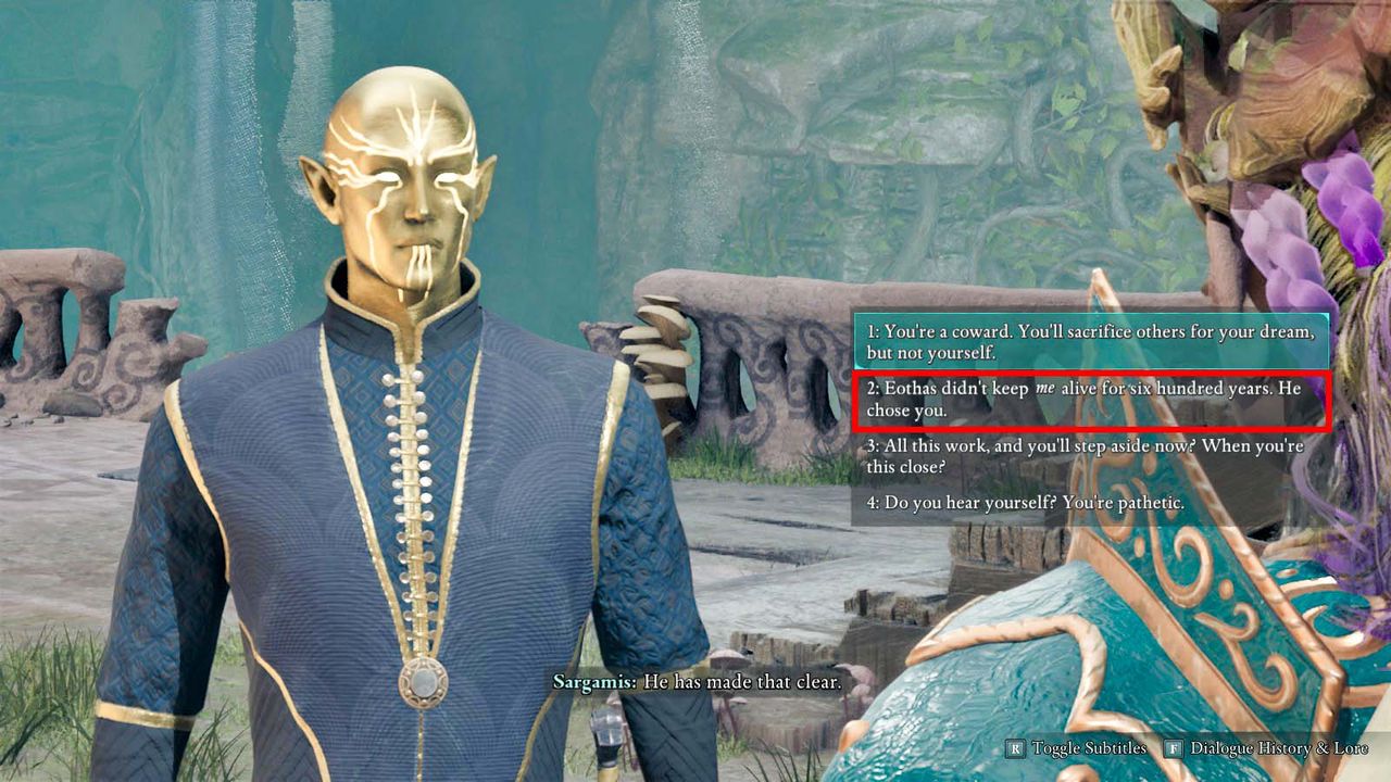 Dialogue option for Oracle where you can tell him Eothas chose him.