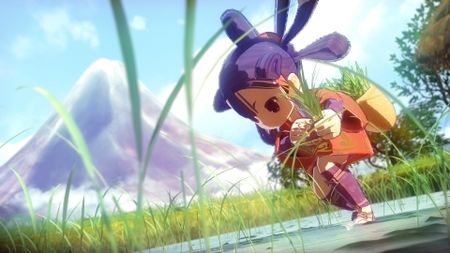 Sakuna harvesting a field of rice with a mountain in the background, showing the farming mechanics during the game, Sakuna: Of Rice and Ruin