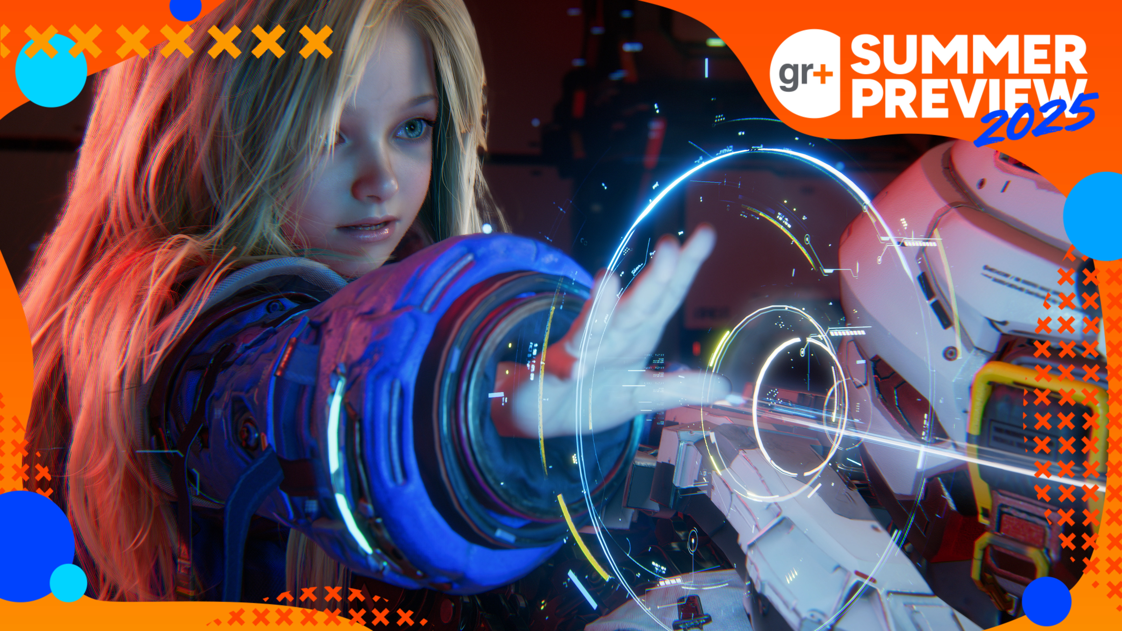 A screenshot from Pragmata shows a blonde girl shooting out lasers from her hand while an orange border identifies it as part of GamesRadar&#039;s summer previews