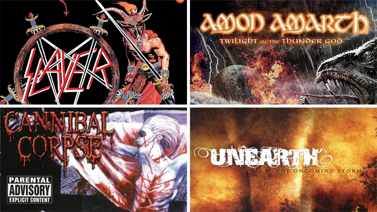 The album covers of Slayer&#039;s Show No Mercy, Amon Amarth&#039;s Twilight of the Thunder God, Unearth&#039;s The Oncoming Storm and Cannibal Corpse&#039;s Tomb of the Mutilated