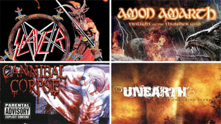 The album covers of Slayer's Show No Mercy, Amon Amarth's Twilight of the Thunder God, Unearth's The Oncoming Storm and Cannibal Corpse's Tomb of the Mutilated
