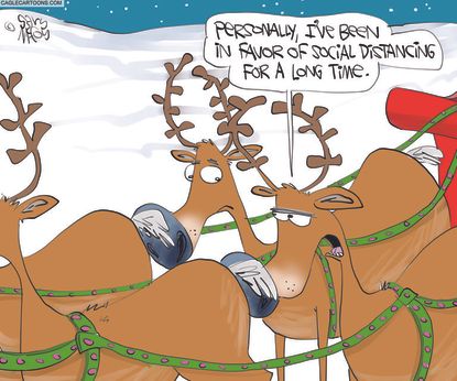 Editorial Cartoon U.S. Reindeer Santa Christmas social distancing COVID