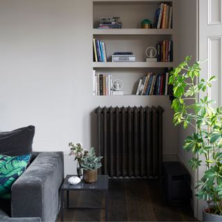 Grey living room with dark grey sofa and a black radiator with books on shelves above