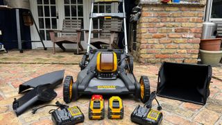 Dewalt DCMWP600X2 60V MAX Cordless Push Mower being tested in writer's home