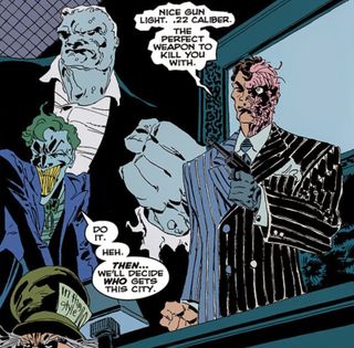 Two-Face and the other supervillains arrive in The Long Halloween.