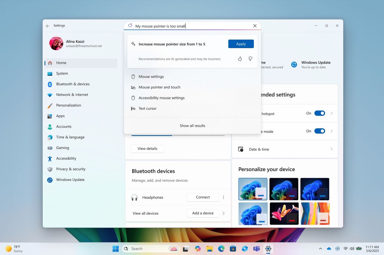 Windows 11 new start menu and AI actions