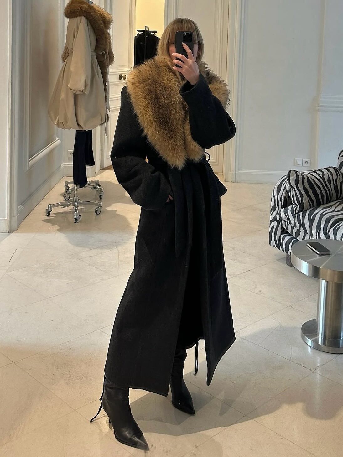 Jeanette Madsen wearing a Rotate Birger Christensen fur-trimmed coat