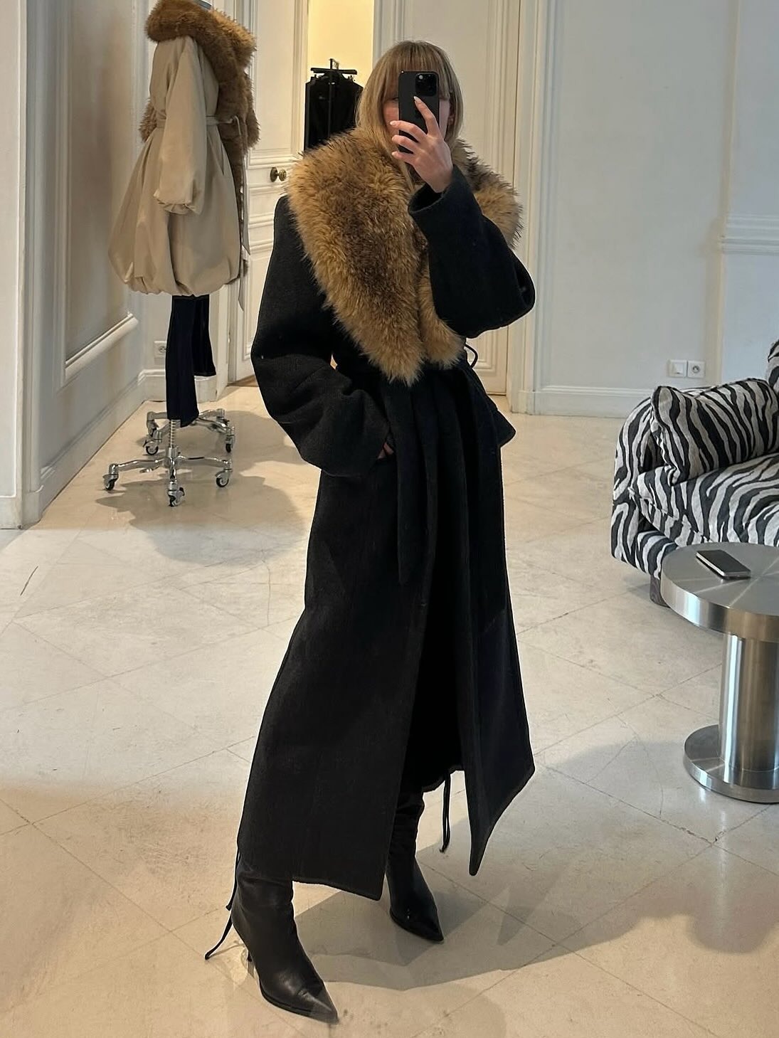 Jeanette Madsen wearing a Rotate Birger Christensen fur-trimmed coat