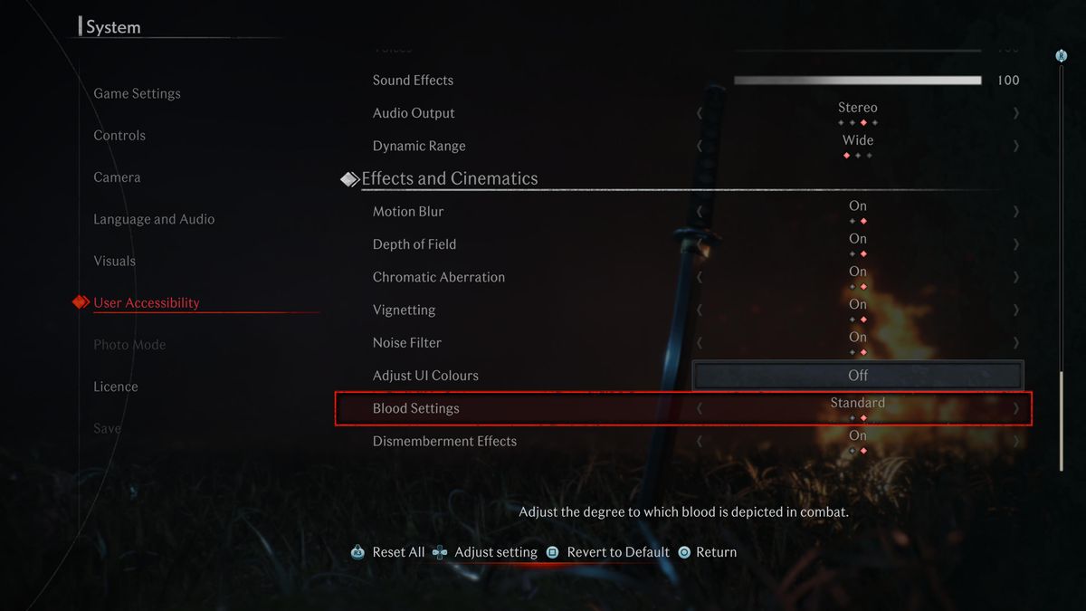 Accessibility menus in Rise of the Ronin