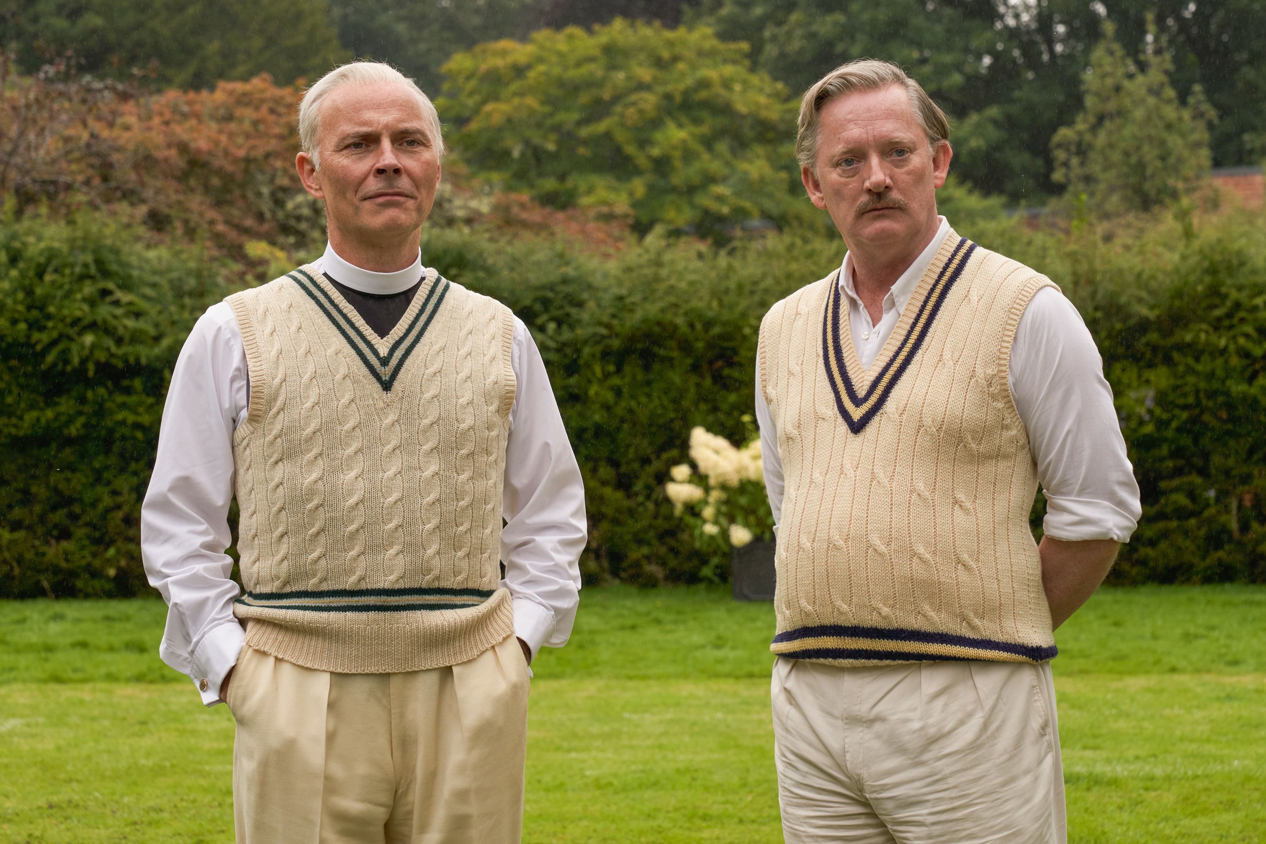 Anyone for cricket?  Murder Is Easy suspects played by Mark Bonnar and Douglas Henshall.