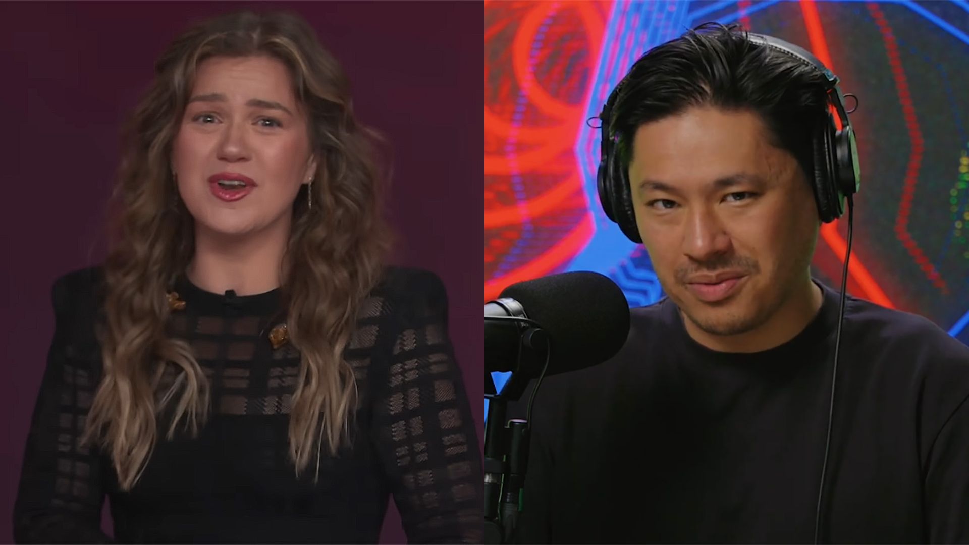 Side-by-side of Kelly Clarkson's last day on her daytime show in a black dress and Pablo Torre in a black shirt talking into the mic on his podcast.