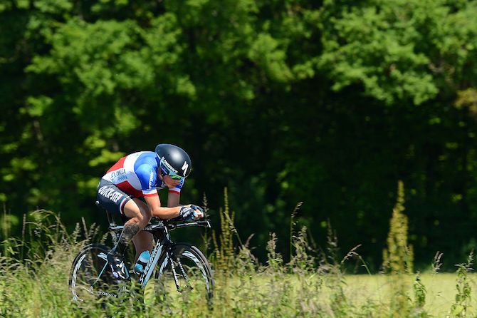 Time trialling in the French national champion's jersey at the 2013 Criterium du Dauphine