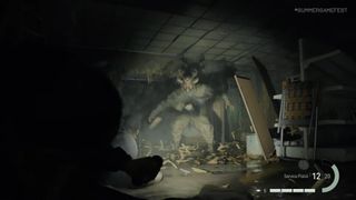 Alan Wake 2 screenshot features new character Saga facing a wild-looking deer man in the dark