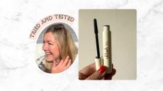 An image of Beauty Director Sarah Cooper-White Wearing the UKLASH Tubing Mascara, next to a picture of the mascara being held open