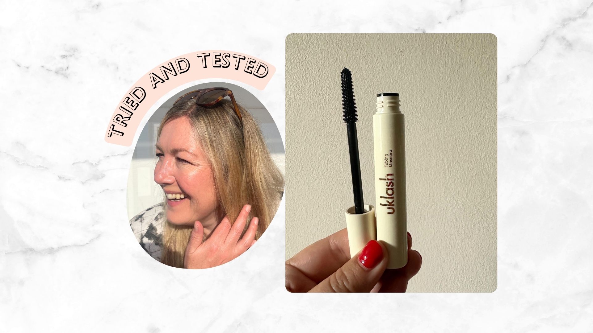 An image of Beauty Director Sarah Cooper-White Wearing the UKLASH Tubing Mascara, next to a picture of the mascara being held open