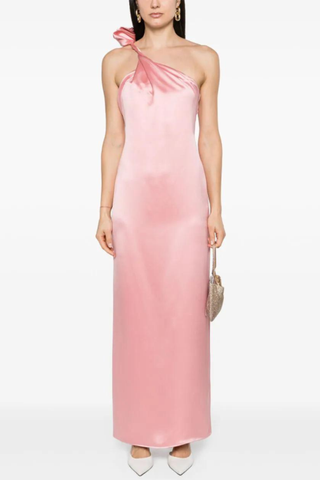 Floral-Appliqué Silk Satin Gown