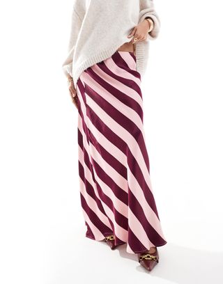 Asos Design Satin Bias Maxi Skirt in Burgundy and Pink Stripe