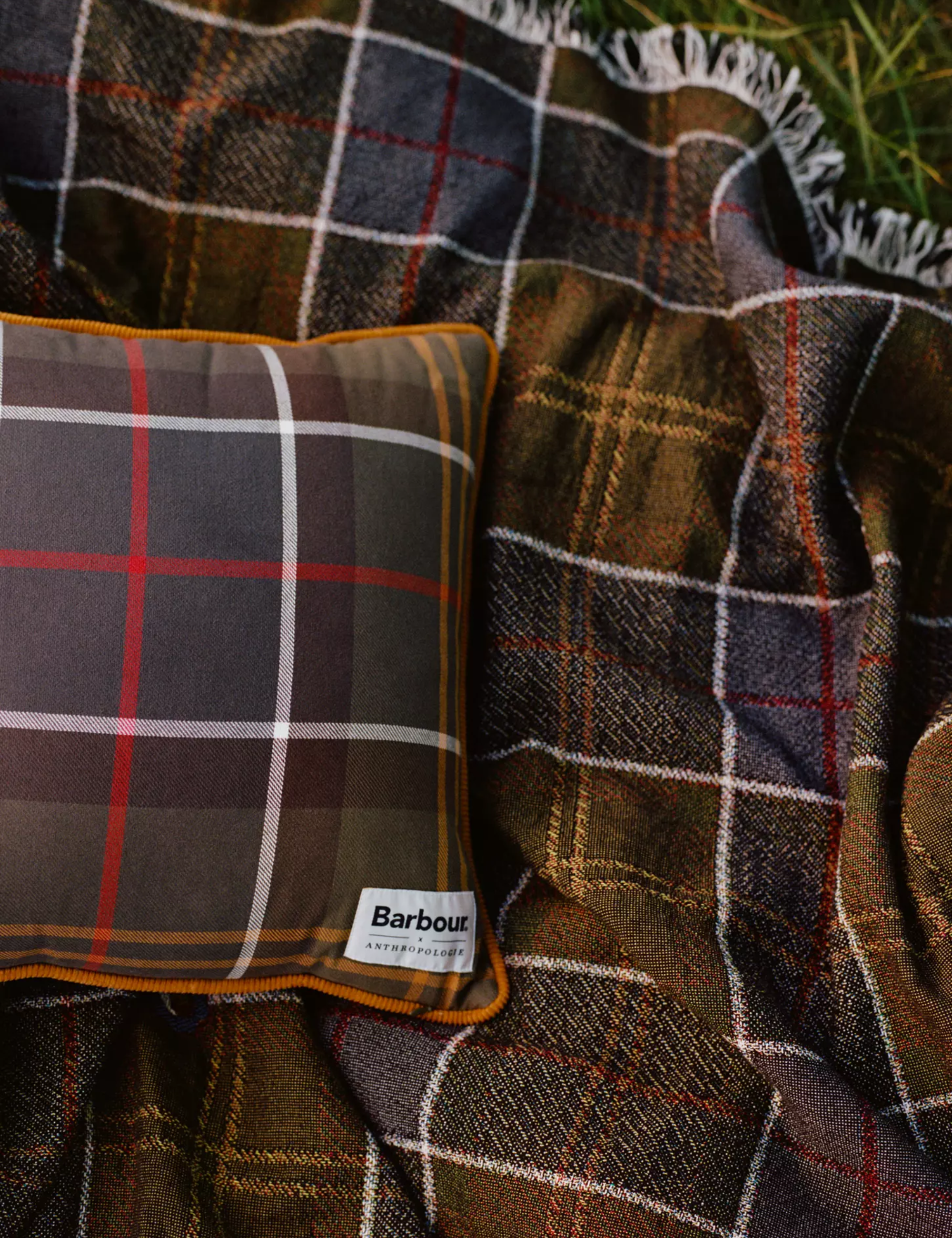 Tartan Barbour x Anthropologie dog bed and coordinating throw blanket sprawled over grass