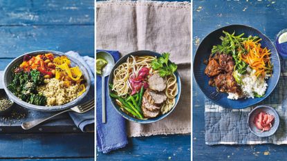 A composite image showing three different glow-up dinner bowls 