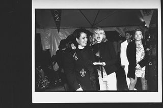black and white photo of rosie o'donnel and madonna