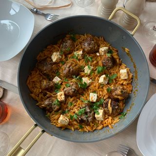 Meatball and pasta in pan