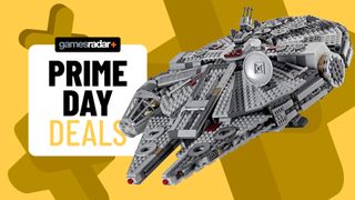 A Lego Millennium Falcon flies across a yellow background and a GamesRadar+ Prime Day deals badge