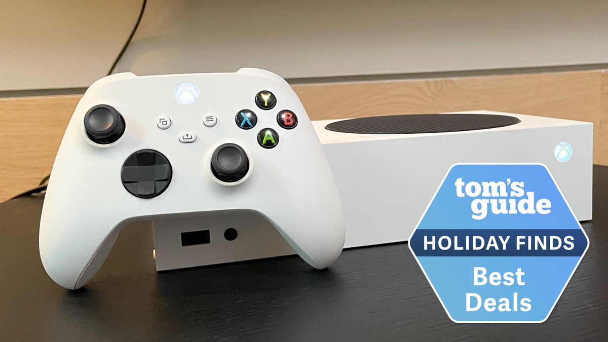 Xbox controller shown leaning on Xbox Series S console