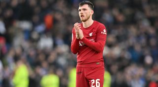 Andy Robertson of Liverpool reacts after his team's defeat in the FA Cup fourth round match between Brighton & Hove Albion and Liverpool on 29 January, 2023 at the American Express Community Stadium in Falmer, United Kingdom.