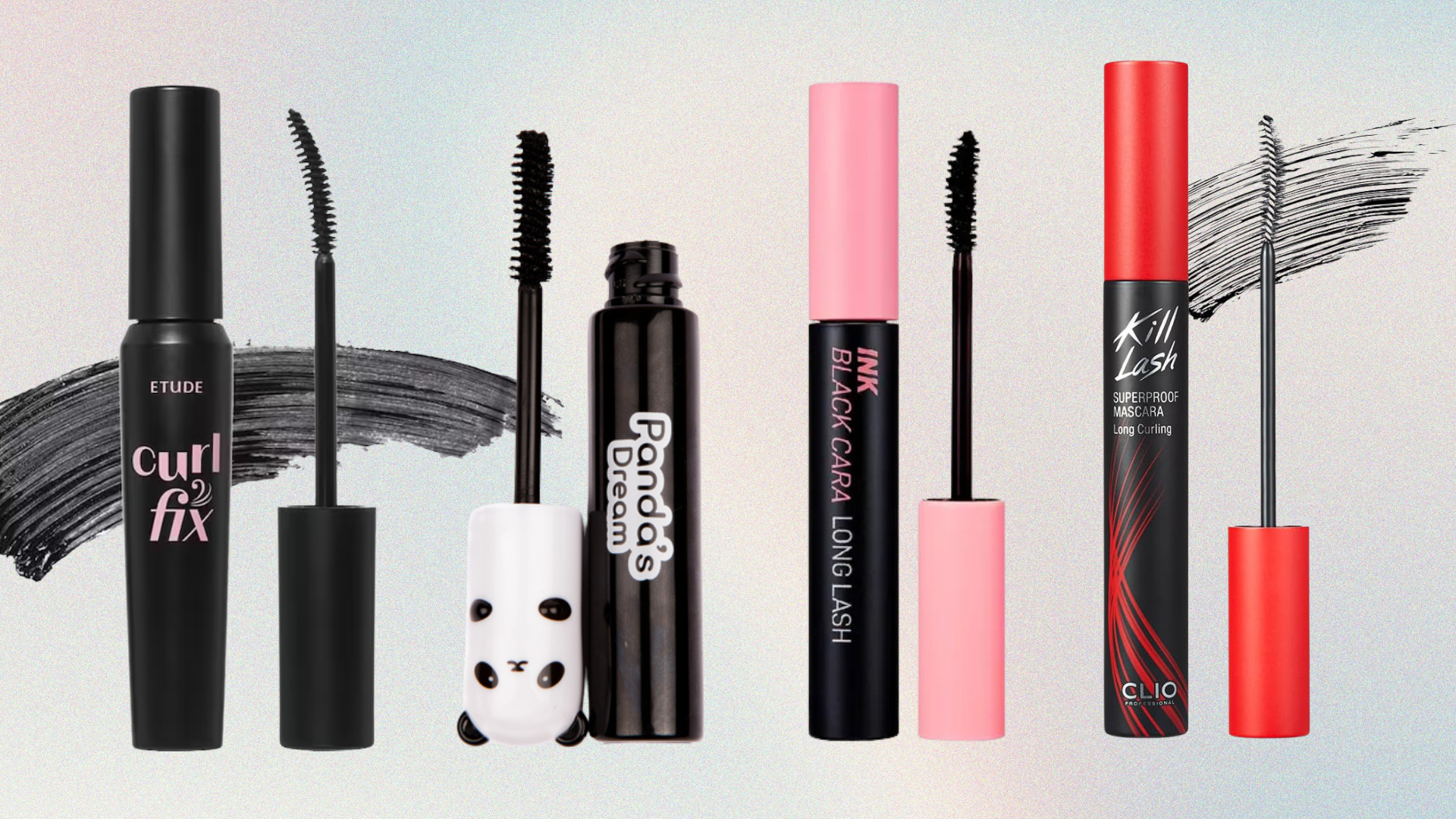 Collage of four of the best Korean mascaras featured in this guide from (left to right) Etude, TONYMOLY, Peripera and CLIO, set in front of two black swatches on a pale pink, blue and yellow ombre background 