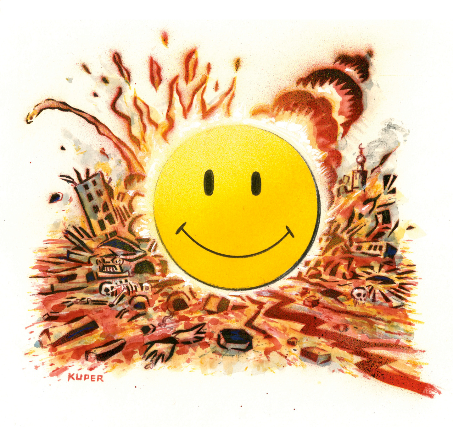 This cartoon depicts a smiling Sun that has crashed into Earth, leaving behind a wake of hot destruction, bones, and despair.