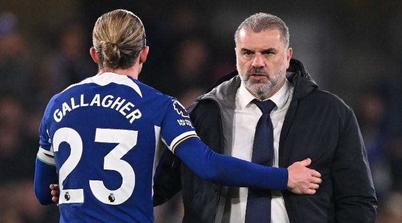 Chelsea midfielder Conor Gallagher and Tottenham manager Ange Postecoglou share a moment after a London derby between the two teams in May 2024.