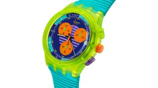 Colorful Swatch watch close up