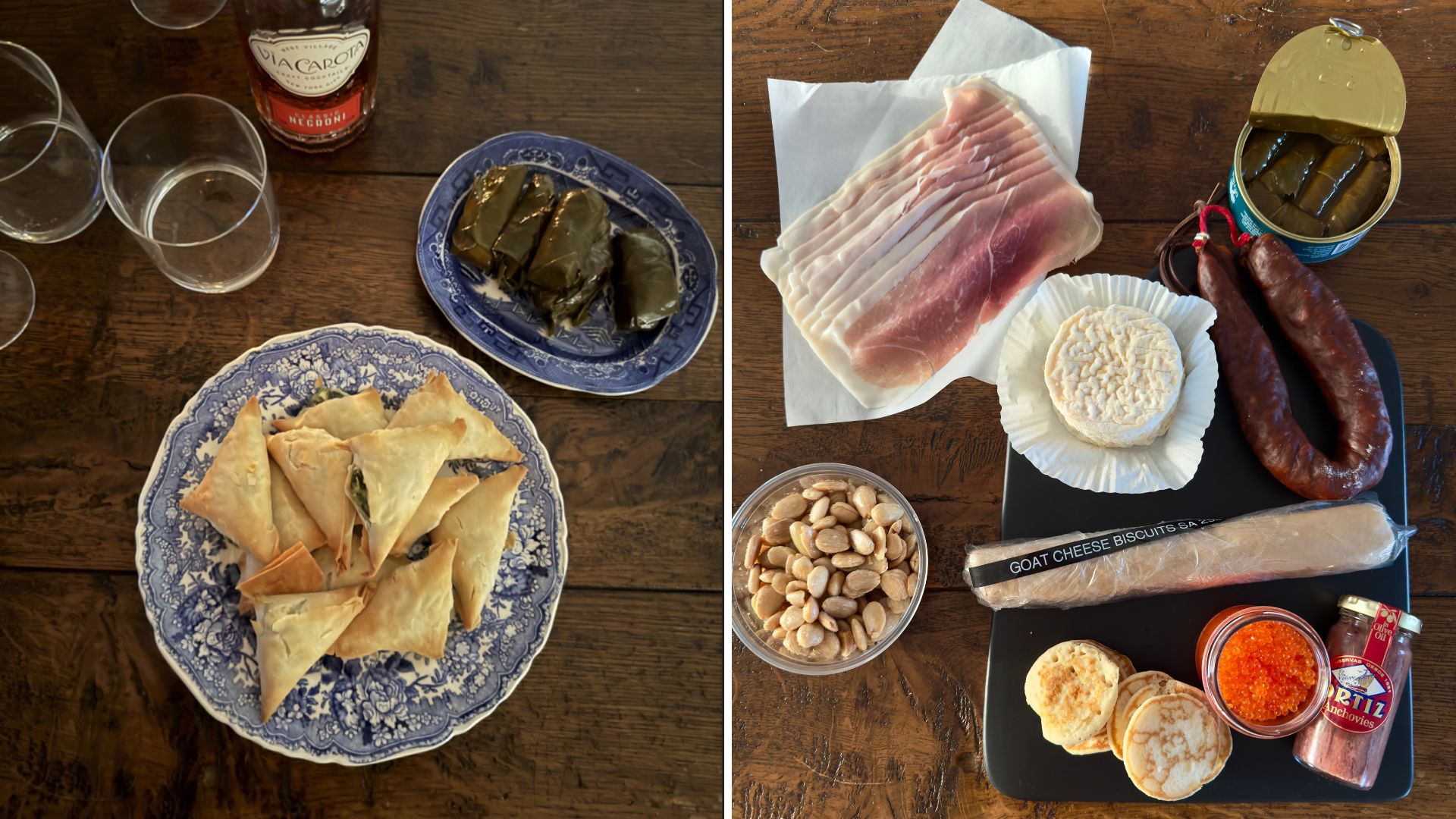 Greek filo parcels and dolmas and a charcuterie plate with cheese, meat and anchovies