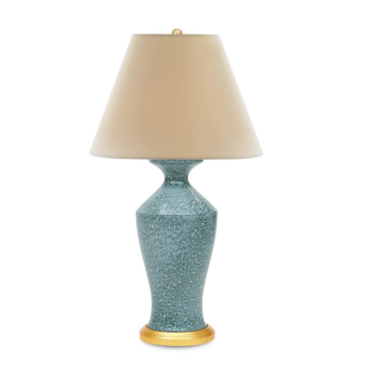 A blue lamp with a cream lampshade
