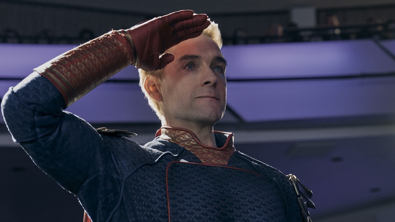 Homelander saluting A-Train's death with teary eyes in The Boys Season 5
