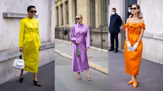 Street Style influencers wearing colorful frocks for what to wear to a wedding