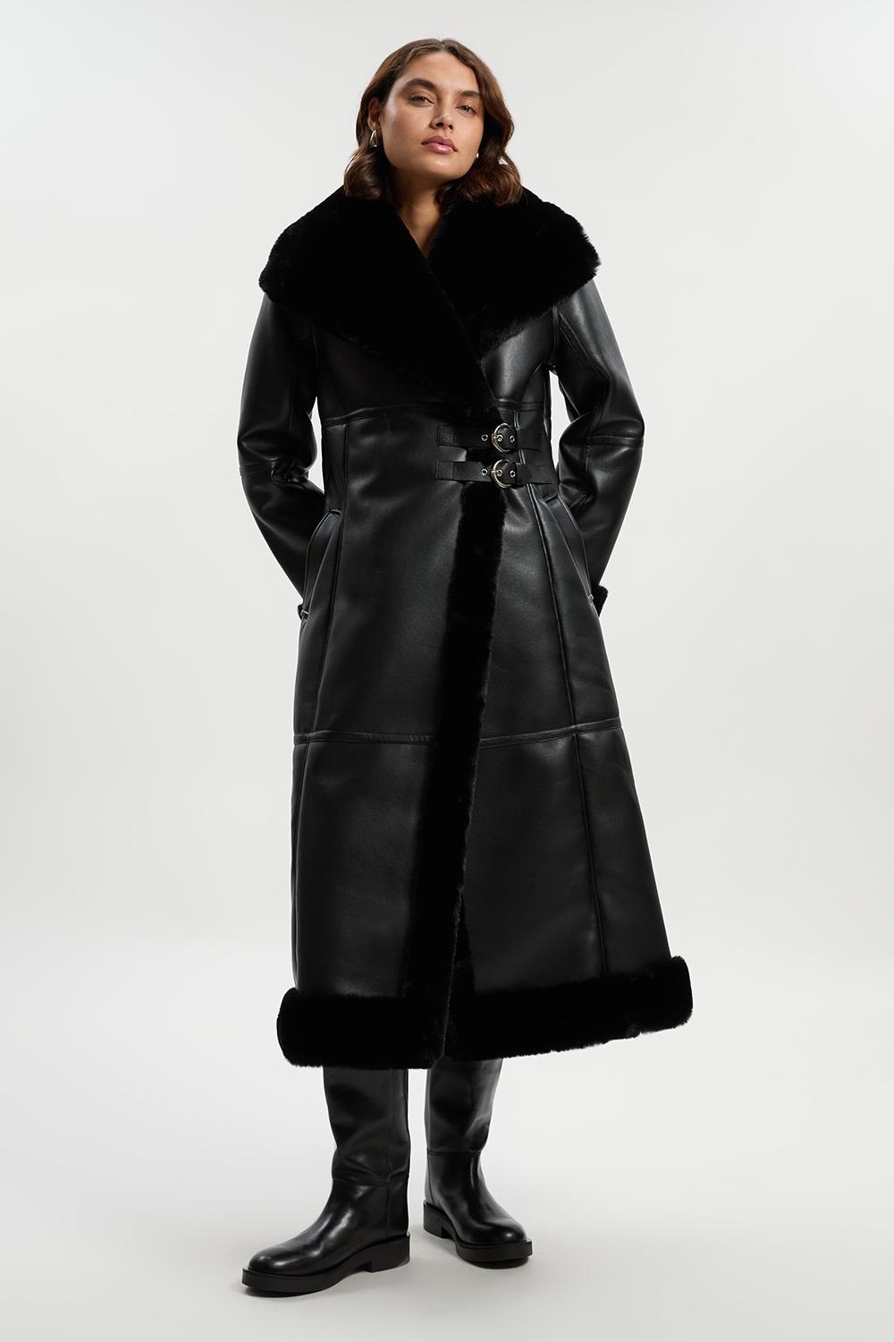 Faux Shearling Oversize Collar Buckle Midi Coat